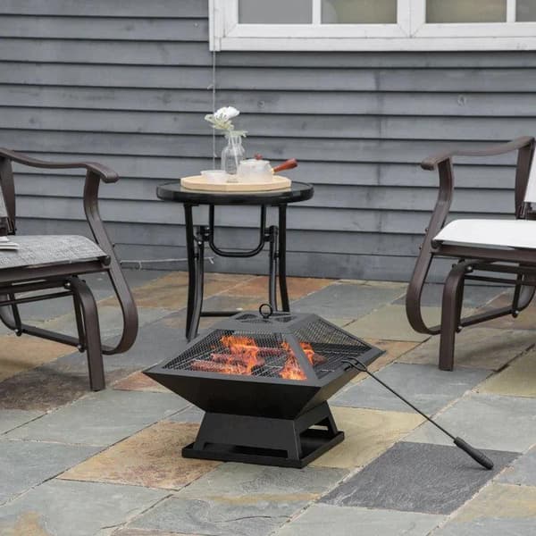 Rootz Fire Pit - Eldskål - Eldkorg - Eldbord - Runt Eldstad - För trädgårdscamping - BBQ - Med Poker Gnistskydd - Stål - Svart - 45 x 45 x 34 cm