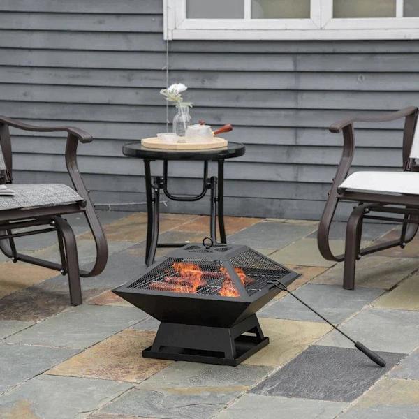 Rootz Fire Pit - Ildskål - Ildkurv - Ildbord - Rundt ildsted - Til havecamping - BBQ - Med Poker Spark Protection - Stål - Sort - 45 x 45 x 34 cm