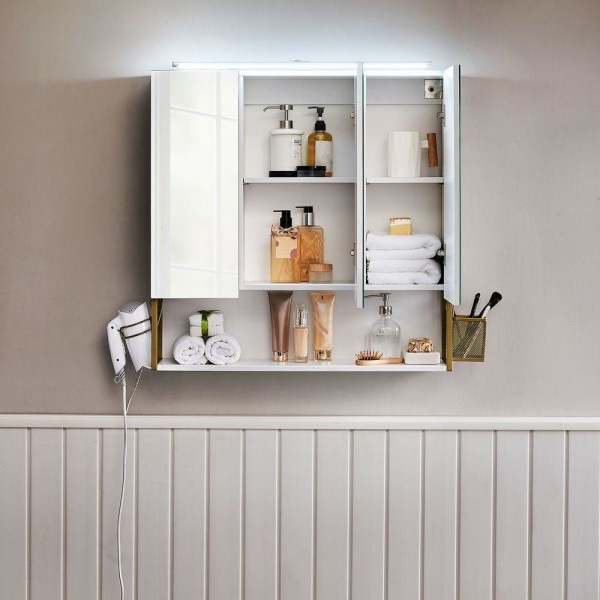 Rootz Spegelskåp - Badrumsskåp - Väggspegelskåp - Spegelskåp Med Belysning - Badrumsförvaringsskåp - Spånskiva/Stål/Glas - Vit-Guld - 70 x 14,5 x 70 c