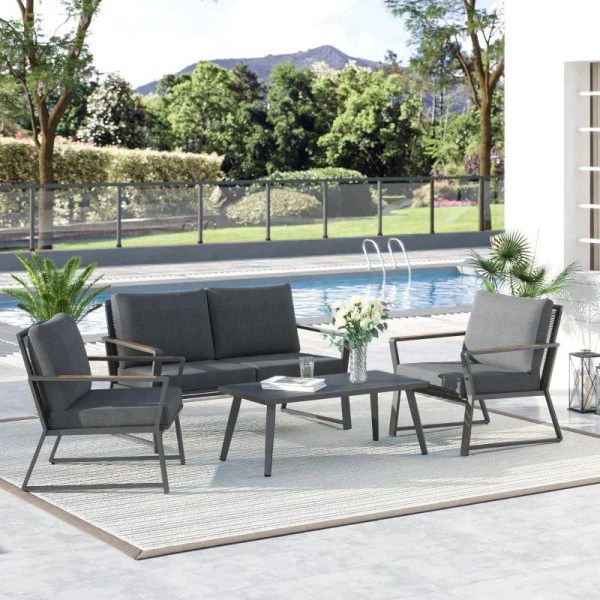 Rootz 4-delt udendørsmøbler - 4-delt havemøbelsæt - Sofa - Lænestol - Sidebord - Aluminium/Polyester/Polyrattan - Mørkegrå
