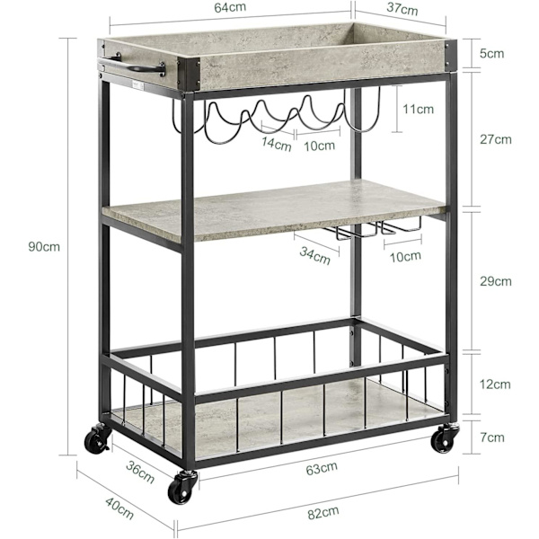 Rootz Modern Design 3-kerroksinen keittiövaunu tarjoiluvaunu, jossa viiniteline metallia ja MDF-levyä