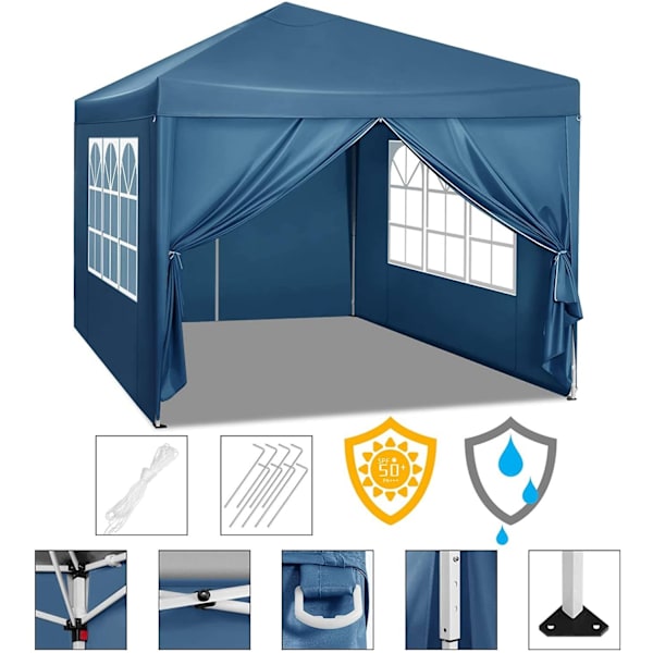 Rootz Gazebo Pop-Up -teltta - Vedenpitävä pagodi - Aurinkosuoja - UV-suoja - Sateenkestävä - Helppo asennus - 3m x 3m Sininen