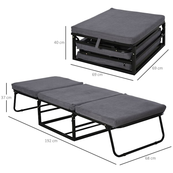 Rootz hopfällbar gästsäng 2-i-1 - Grå - Polyester, stål, skum - 75,59 cm x 26,77 cm x 14,56 cm