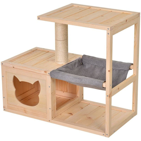 Rootz Cat House - Cat House with Hammock - Cat Cave - Cat Tree - Cat Activity Center - Gran Wood - Naturlig - 70 x 35 x 60 cm