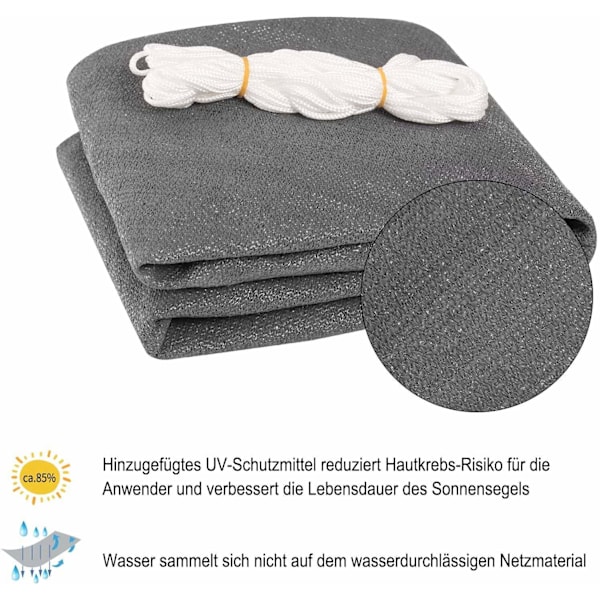 Rootz Sun Sail Shade Canopy - UV-beskyttelse - Rivefast - Nem installation - HDPE-stof - 180g/m² - Grå - 3 øjer - 1,5 m reb - 180 cm x 180 cm