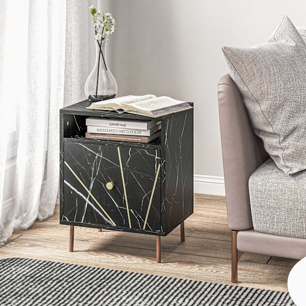 Rootz -sängyn pöytä - sivupöytä - Yöpöytä - Marmorinen ulkoasu ja kultaiset jalat - 39b x 30t x 50h cm - tyylikäs säilytysratkaisu