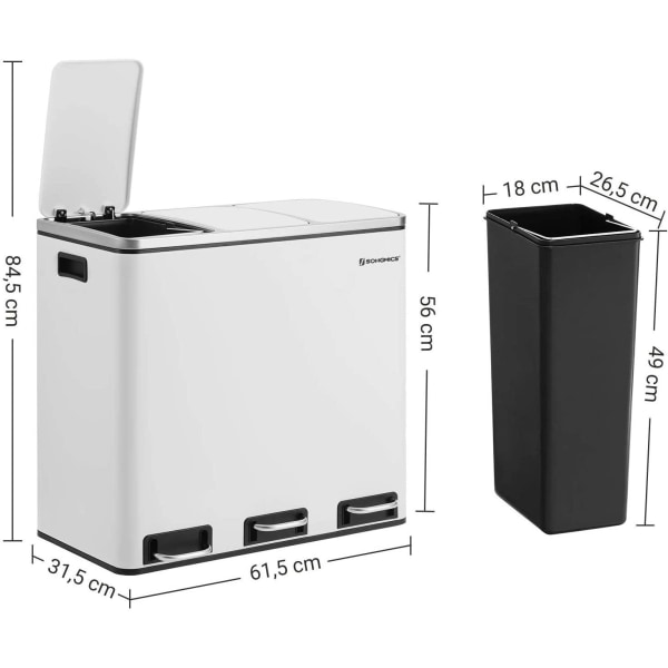Rootz skraldespand 54L - Affaldssepareringssystem - 3 x 18 l - Pedalspand - Affaldsseparering skraldespande - Rustfrit stål - Hvid