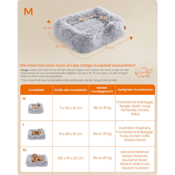 Rootz Dog Bed - Pet -tyyny - Irrotettava kansi - Lisääntyneet reunat mukavuudelle - 71 cm x 55 cm x 18 cm - harmaa