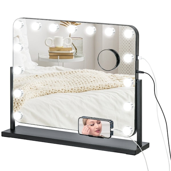Rootz LED Hollywood Makeup Mirror - Sminkspegel - Sminkspegel - Bordsspegel - 14 LED-lampor - Justerbar ljusstyrka - Mobiltelefonhållare - USB-port -