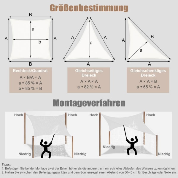 Rootz Premium Sun Sail Shade - Vandtæt baldakin - UV-beskyttende dæksel - Nem opsætning - Holdbar og rivefast - 4m x 6m