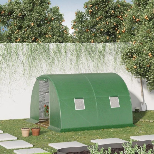 Rootz Drivhus - Poly Drivhus - Walk-in Poly Tunnel - Med 4 vinduer - Frostbeskyttelse - Mørkegrøn - 3L x 3W x 2H m