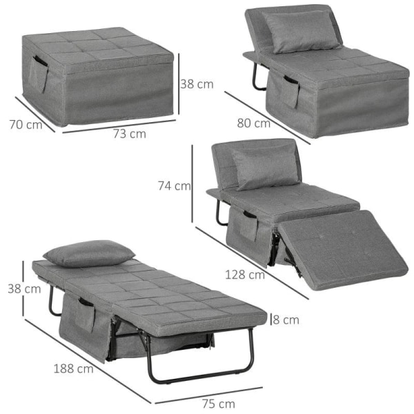 Rootz Folding Bed - 4-i-1 lænestol - Ottoman liggestol - Grå - 1
