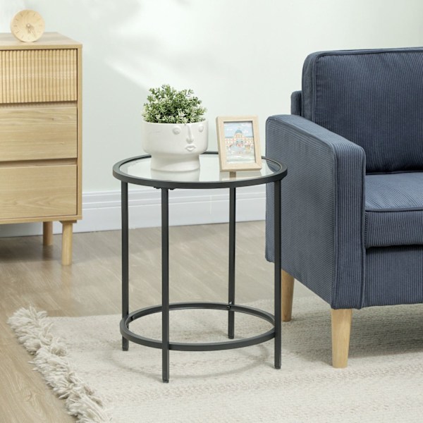 Rootz Round Side Bord - Lille sofabord - Glasplade - Robust ramme - Gulvbeskyttelse - 48 cm x 48 cm x 54,7 cm