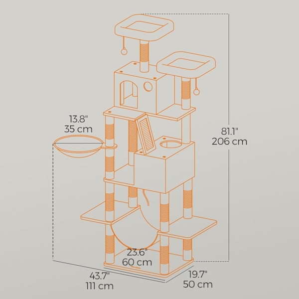 Rootz 206 cm Cat Scratching Tree - Cat Tower - Scratch Post - 13 Scratch Pillars - Rumbesparende design - 60 cm x 50 cm x 206 cm - Perfekt til legende