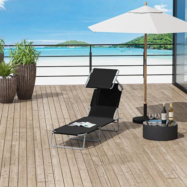 Rootz Solseng - Haveseng - Liggestol Strand - Sammenklappelig liggestol - Med solafskærmning - Sort - 187 x 58 x 36 cm