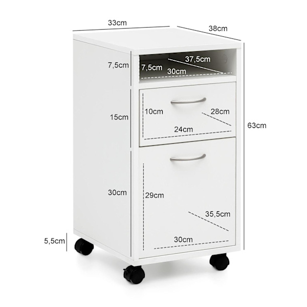 Rootz rullecontainer hvid 33x63x38 cm skrivebordsunderskab træ - Rullekommode Moderne - Kontorcontainerskuffeskab med låge - Lille skrivebordsskab med