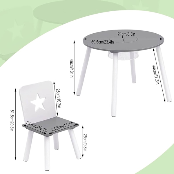 Rootz Barnsittgrupp - Stjärnmönstrat bord och stolar - Barnmöbler med förvaring - Engagerande design - Säker och hållbar - MDF och furu - Bord: φ59,5