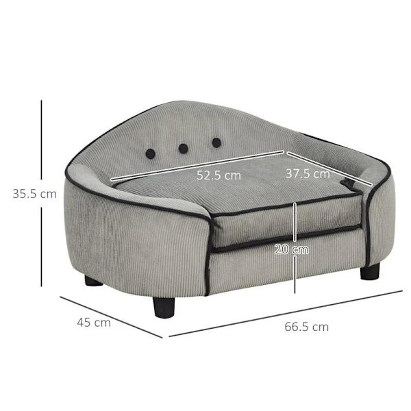 Rootz Dog Sofa - Dog Bed - Dog Mat - Pet Sofa - Natural Wood+Plush - Grey - 66.5 x 45 x 35.5 cm