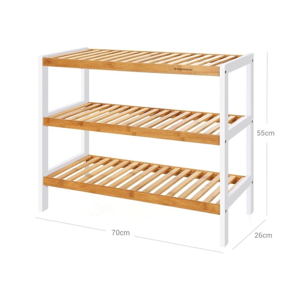 Rootz Skoställ - Bambu med 3 nivåer - Skohylla - Skoställ - Skoställ - Skoskåp - Bambu - Natur + Vit - 70 x 55 x 26 cm (B x H x D)