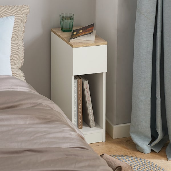 Rootz Sängbord Set med 2 - Soffbord - Sidobord - Vit - Med låda - Förbättrad stabilitet med fotkuddar - Perfekt för sovrum och vardagsrum - 20 cm x 60