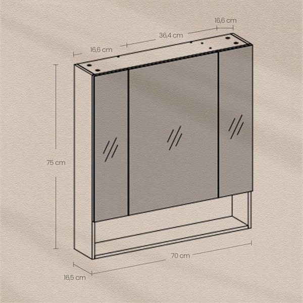Rootz badeværelse skab - spejlkabinet - 3 -dørs badeværelse opbevaring - pladsbesparelse - 16,5 cm x 70 cm x 75 cm