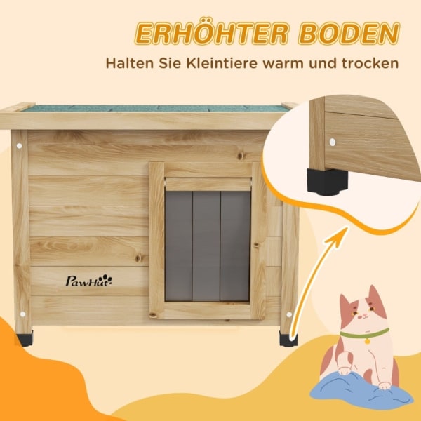 Rootz PawHut Cat House - Utomhus katthem - Wooden Cat Retreat - Genomskinligt fönster - Sekretessgardin - 57cm x 45cm x 43cm