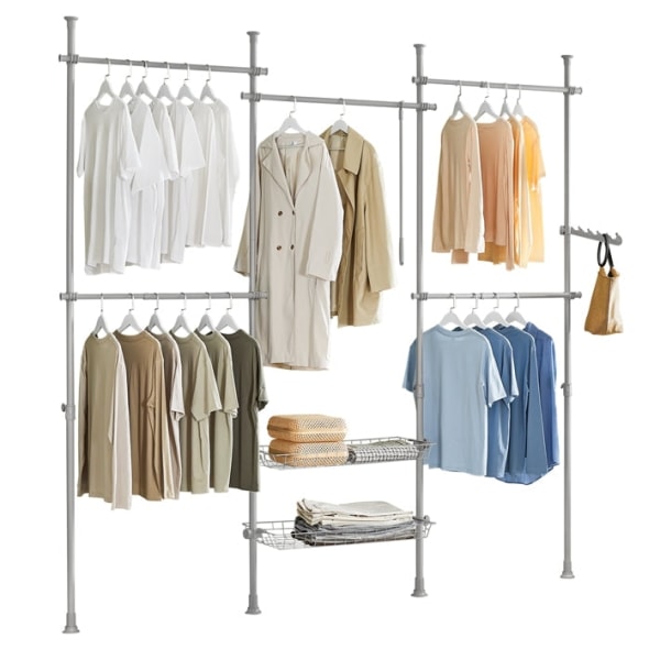 Rootz justerbart teleskopsklädesystem - Hyllenhet - Garderobsarrangör - Utrymmesbesparande design - Enkel montering - Variabel storlek B(209-311)cm x