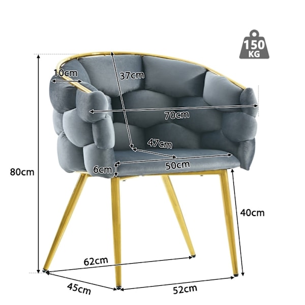 Rootz Luxurious Grey Velvet tuoli - Tyylikäs nojatuoli - Moderni istuin - Säädettävä mukavuus - 70L x 47L x 80K cm