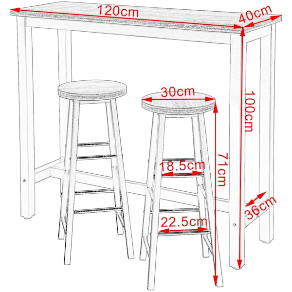 Rootz Modern Barbord og Taburet Sæt - Pub Bord Sæt - Spisebordssæt i bordhøjde - Robust metalstel - Ridsefast - Nem at rengøre - 120 cm x 40 cm (bord)