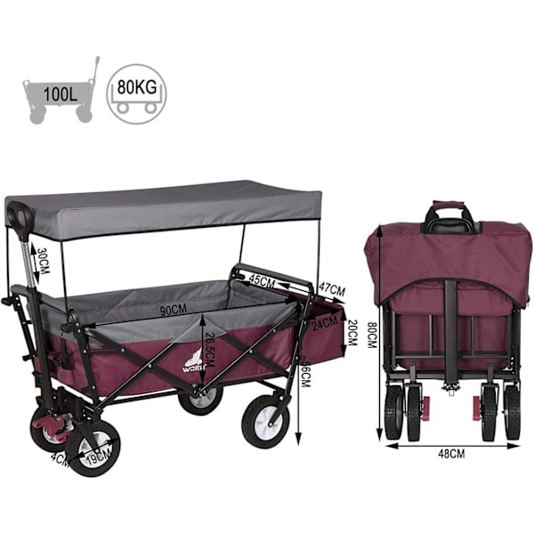 Rootz hopfällbar vagn med tak - Bruksvagn - Trädgårdsvagn - Slitstark 600D polyester - Enkel förvaring - Kraftig 80 kg Kapacitet - 120 cm x 51 cm x 93