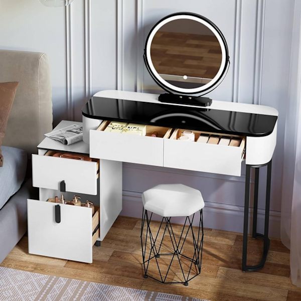 Rootz Deluxe Sminkbordsset - Sminkbord med pall - Sminkbord - Justerbar LED-spegel - Gott om förvaring - Mångsidig design - 100 cm x 125 cm x 40 cm