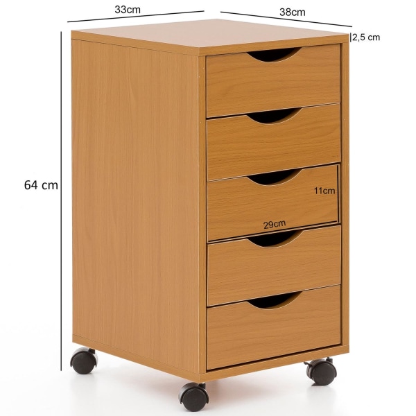 Rootz rullcontainer 33 x 68 x 38 cm MDF trä 5 lådor sonoma - Modern lådcontainer med hjul - Stativcontainer kontorscontainer
