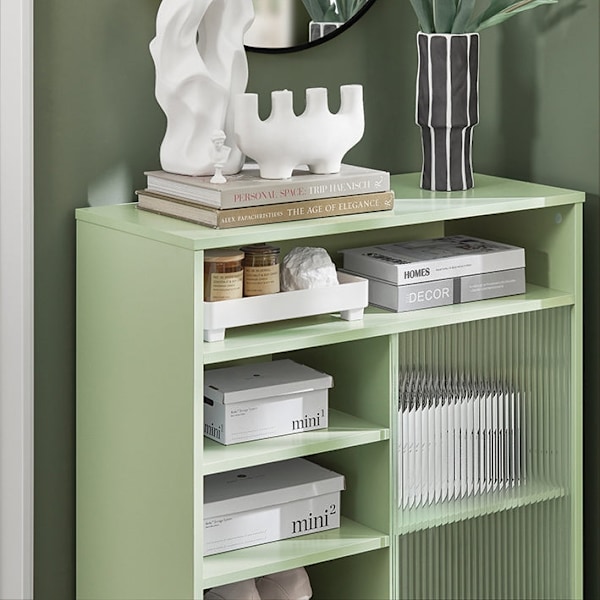 Rootz Moderne opbevaringsskab - Skænk - Entreskab - Kommode - MDF og metal med glas - Justerbar hylde - Skydedør - Stalddesign - 70 cm x 90 cm x 34 cm