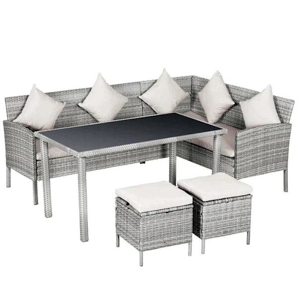 Rootz Sofasæt - Rattan Sædesæt - Havemøbelsæt - Spisebord - Metal - Grå/Cream