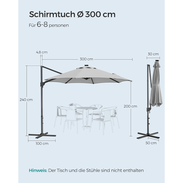 Rootz Cantilever Paraply - Uteplatsparaply - Utomhusparaply - Stålram - 180 g/m2 Polyester - Ø 300cm - 240cm Höjd - Dove Grey - 15,3kg - Solpanel - Cr