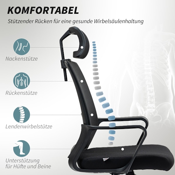 Rootz Justerbar kontorstol - skrivebordsstol - drejestol - Halsstøtte - sort - 60 cm x 64 cm x 102-112cm
