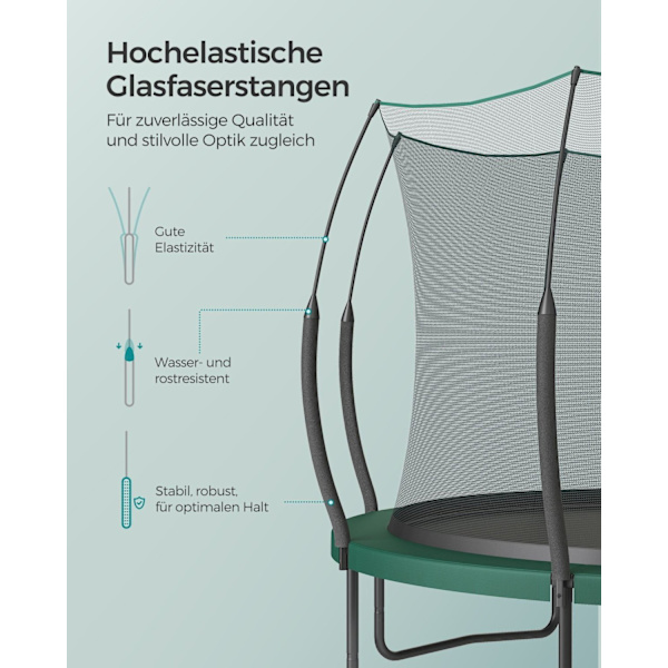 Rootz 12ft studsmatta med skyddsnät - Jungle Green - Utomhusstudsmatta - Galvaniserat stålstomme - Glasfiberstolpar - 305cm x 256cm x 76cm - Maxbelast