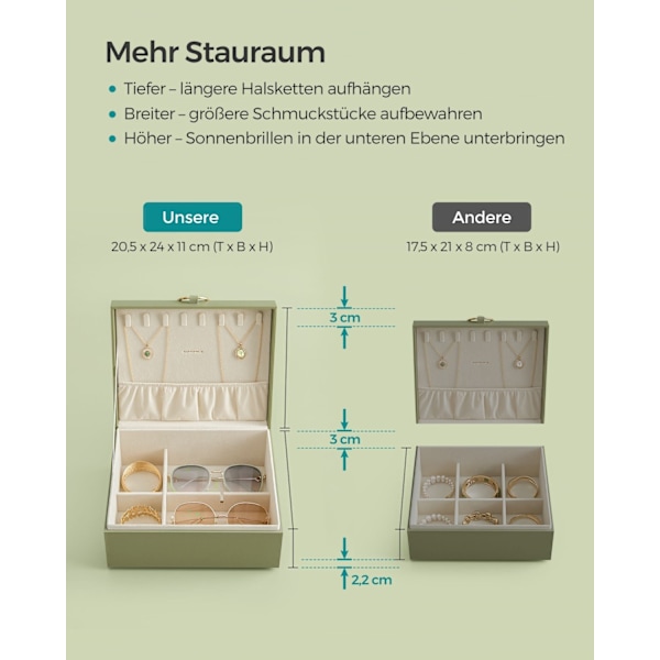 Rootz Laurel Green smykkeskrin - Organizer-etui - Opbevaringsbeholder - MDF-konstruktion - Fløjlsforing - Kompakt design - 20,5 cm x 24 cm x 11 cm
