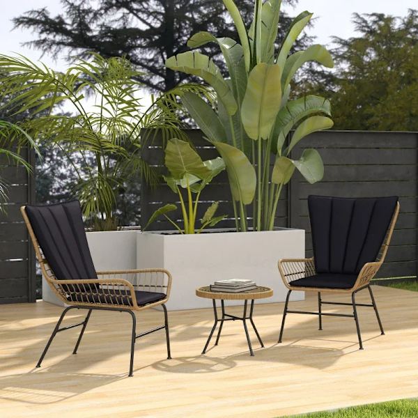 Rootz Havemøbelsæt - Bistrosæt - Boho Style - Balkonmøbler - Vejrbestandigt - Sofabord - Sædehynder - Stålrør-pe-rattan - Naturligt træ-sort - 78 x 68