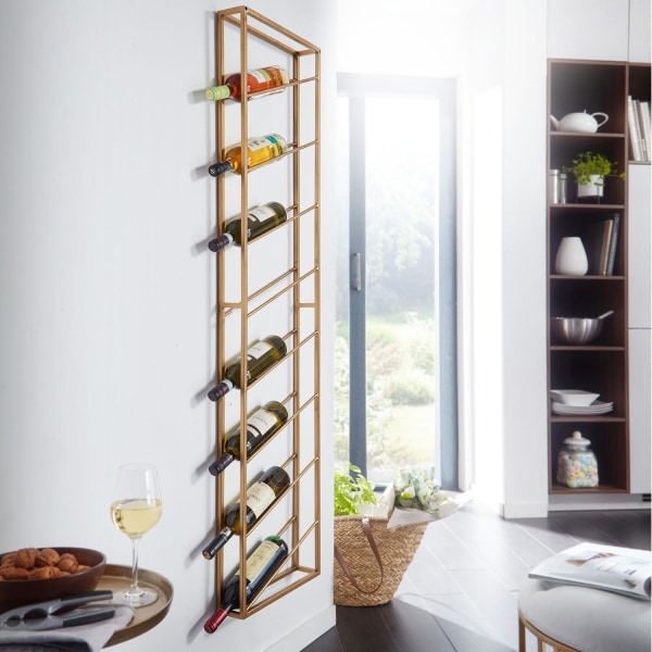 Rootz rack vägg metall guld 36x150x8 cm stor för 8 flaskor - Design vägghylla för köket - Flaskställ Hängande smal Väggmonterad