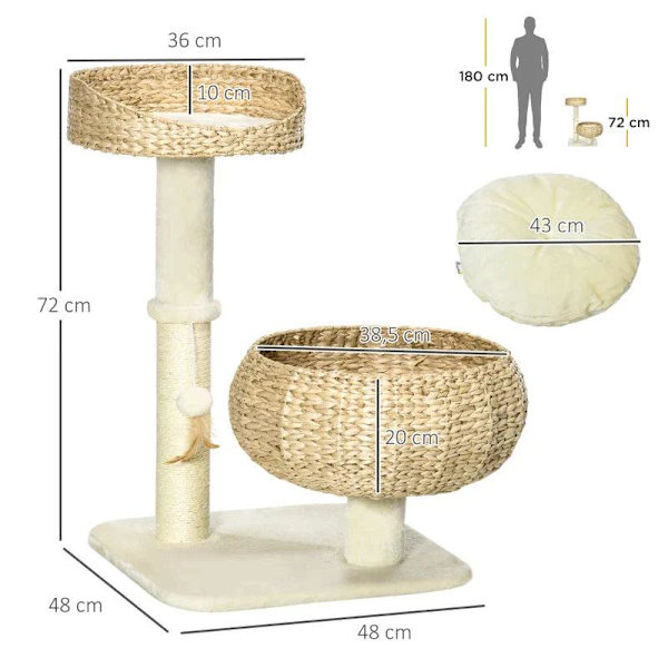 Rootz skrapstolpe - Två kattsängar - med tvättbara kuddar - Två skrapstolpar - Toy Ball - Beige/Gräddvit - 48 x 48 x 72cm