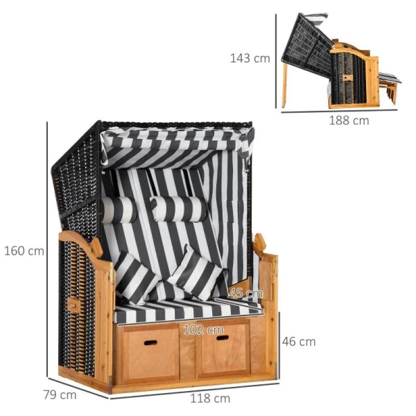 Rootz Beach Chair - Dobbelt liggestol med tag - Dobbelt liggestol med kopholdere - Chaiselong - 5-niveaus ryglæn - PE Rattan - Grå + Hvid - 118 x 79 x