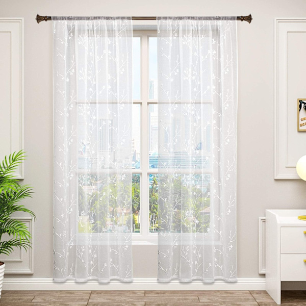 Rootz broderede gennemsigtige blomstergardiner - Vinduesgardiner - Dekorative paneler - Gennemskinnelige voile-ophæng - Elegant boligindretning - Hvid