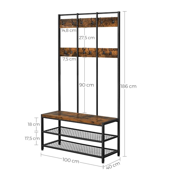 Rootz Industrial Design -naulakko ja penkki - Maalaismainen vaateteline - Vintage-puiset elementit - 2 lankahyllyä - 12 koukkua - Trendikäs teollinen