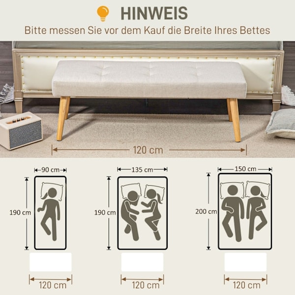 Rootz polstret bænk - Soveværelsesbænk - Vinduessæde - Tyk polstring - Imiteret linned - Ben i naturtræ - 120 cm x 41 cm x 43 cm