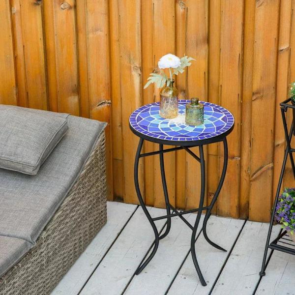 Rootz Garden Pöytä - Sivupöytä - Pöytä - Metallirunko ja kestävä - Mosaiikkimuotoilu - Keraaminen/Rauta - Sininen/Valkoinen