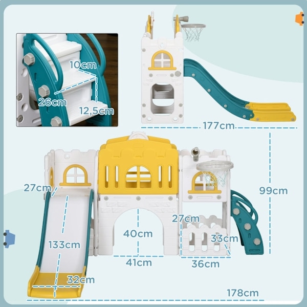 Rootz Toddler Slide - Liukumäki sisätiloihin - 7-in-1 -pelisetti - Kiihtyvyysalue - Bridge Walkway - Säilytyskorit - 178L x 177L x 99K cm