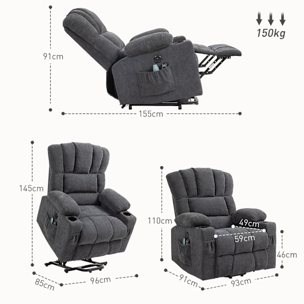 Rootz Electric Power Lift Stand Up Stol - RECLINER - Biografstol - Massage & varme - 93W X 91d X 110H CM - USB -porte & Cupholdere - Grå