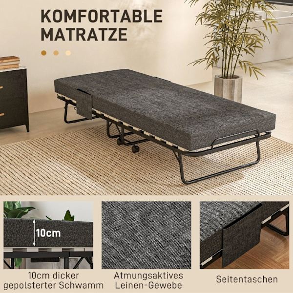 Rootz hopfällbar gästsäng - Campingsäng - Bärbar sovplats - Madrass med linnelook - Stålram - 190cm x 80cm x 42cm