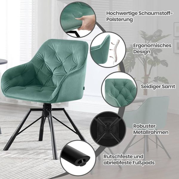 Rootz pyörivä ruokapöydän tuoli - keittiön tuoli - samettipehmustettu istuin - 360° kääntyvä levy - ergonominen muotoilu - 57,5 ​​cm x 82,5 cm x 53 cm